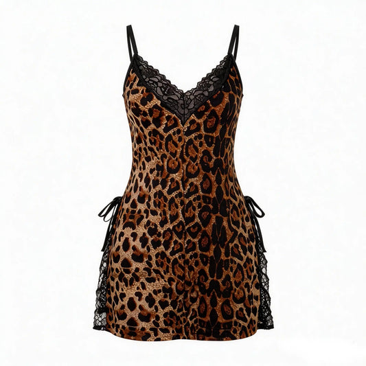 Jelsubi Sexy plus Size Leopard Print Lingerie Nightgown XL-5XL BBW Spaghetti Strap Lace Trim Cozy Loungewear Sleepwear for Everyday Comfort at Home Homewear