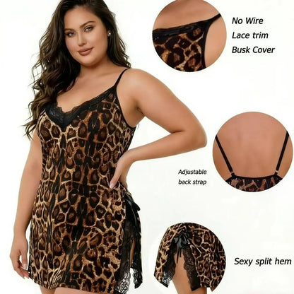 Jelsubi Sexy plus Size Leopard Print Lingerie Nightgown XL-5XL BBW Spaghetti Strap Lace Trim Cozy Loungewear Sleepwear for Everyday Comfort at Home Homewear