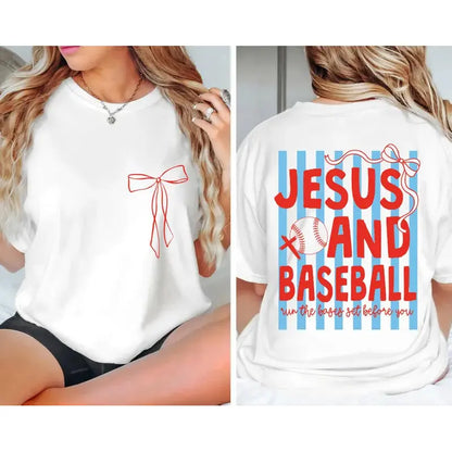 2 Sides Jesus and Baseball T-Shirt, Christian Baseball Coquette T-Shirt, Baseball Mom T-Shirt, Game Day T-Shirt, Trendy Preppy Christian Graphic,Summervibes